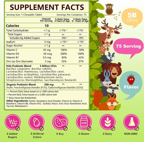 Kids Probiotic Chewable, 5 Billion CFUs Probiotics + Prebiotics For Kids Ages 3+, Kid Daily Probiotics For Digestive Health, Immune Support & Appetite Booster, Natural Strawberry Flavor, 75 Servings