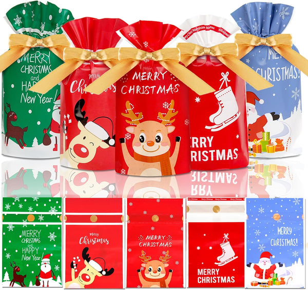 DLY 50 Pcs Christmas Candy Bags - Plastic Drawstring Gift Bags for Treats and Party Favors