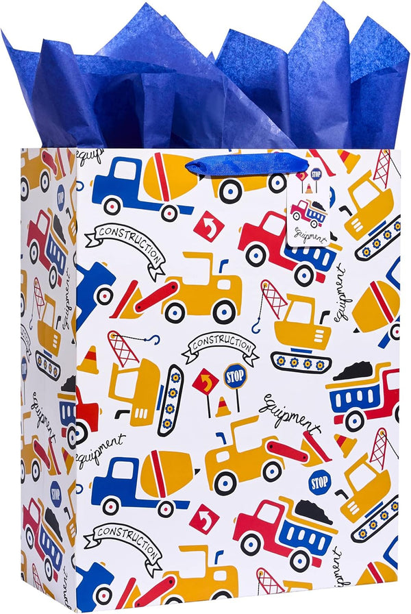 SUNCOLOR 16" Extra Large Gift Bag with Tissue Paper for Boys (Vehicle Design)