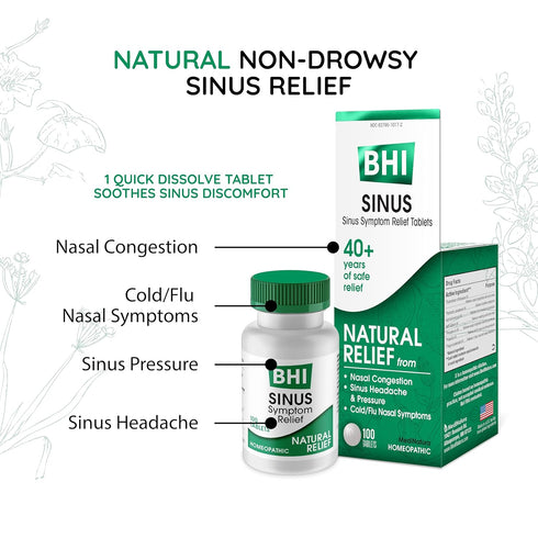 BHI Sinus Natural Congestion Relief 100 Tablets - Extra Strength for Nasal Cold Symptoms, Pain, Pressure & Headache