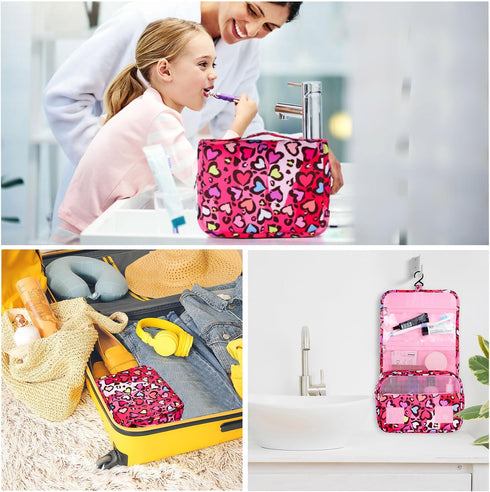Kids Hanging Toiletry Bag for Girls, Waterproof Travel Cosmetic Makeup Wash Bag, Toddler Toiletries, Leopard Red