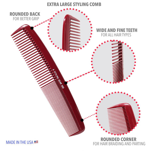 No. 300 Large Comb, 8.5" Specialty Hair Styling & Cutting Comb for Barbers and Stylists, Burgundy 1 Pc.