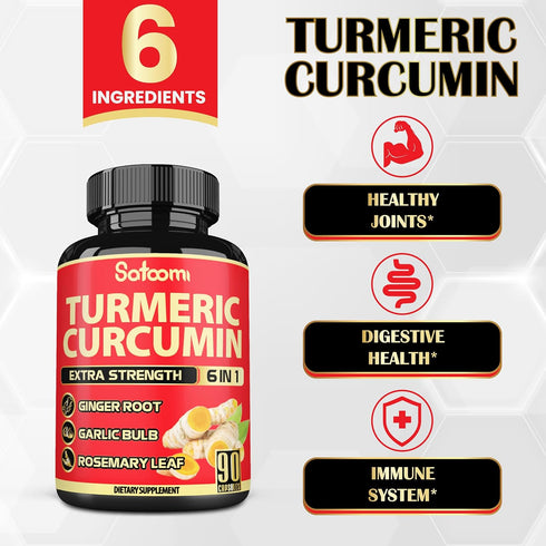 6in1 Turmeric Curcumin Supplement, 3 Month Supply with 95% Curcuminoids, Ginger Root, Garlic Bulb, Rosemary & Black