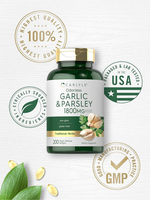 Carlyle Odorless Garlic & Parsley 1800mg - 200 Softgels, Non-GMO, Gluten Free Supplement