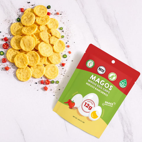 Pack 1.1 oz (12-Pack) Magos Egg Chips Variety Healthy Snack, High Protein Low Carb, Light Cracker-Style Crunch, Bags