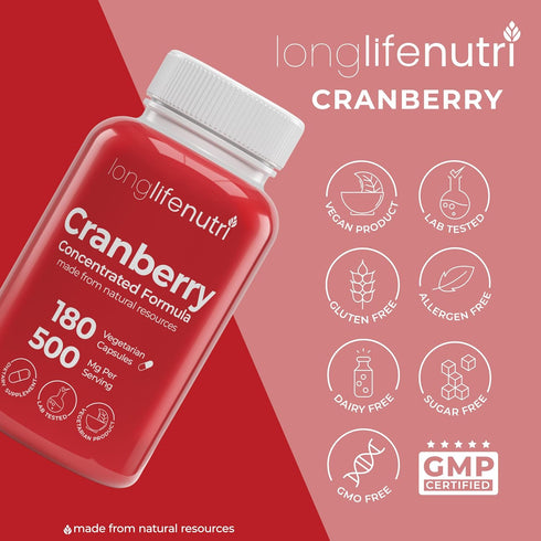 Cranberry Extract with Vitamin C & E - Pure Concentrated Formula, 500mg, 180 Vegetarian Capsules, Urinary Tract Health