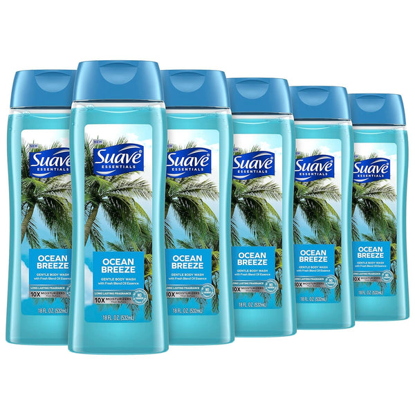 Suave Moisturizing Body Wash, Ocean Breeze Scent with Vitamin E Extract, 18 Oz Pack of 6