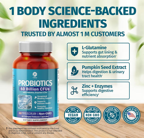1 Body Probiotics, 60 Billion CFU Gut Health Supplement with Prebiotics, Digestive Enzymes, Vegan, 60 Capsules