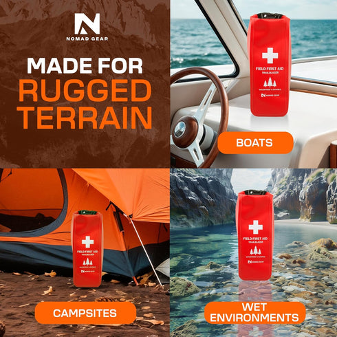 N NOMAD GEAR 64-Piece Waterproof First Aid Kit for Camping, Boating, Hiking Outdoor Emergency Medical Bag with Roll-Top
