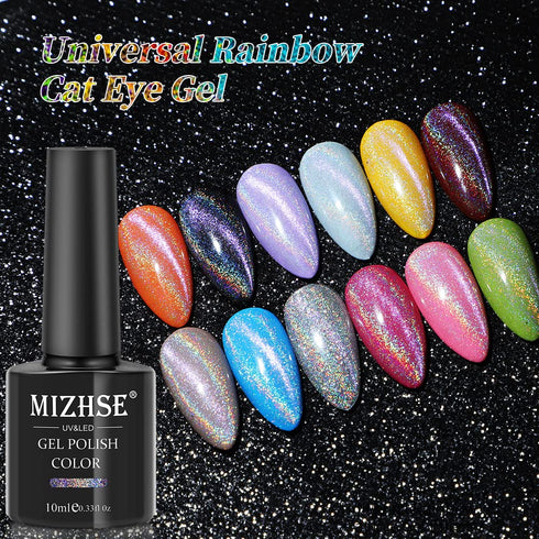 MIZHSE 10ml Universal Rainbow Cat Eye Gel Polish, Laser Holographic 9D Soak Off LED U V Nail Art Varnish with Magnetic