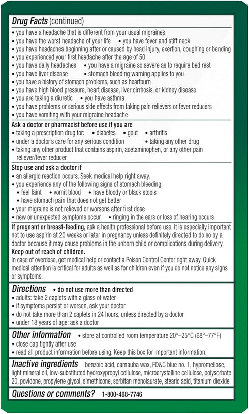 Excedrin Migraine Relief Caplets for Symptoms, 200 Count - Acetaminophen 250mg, Aspirin 250mg, Caffeine 65mg