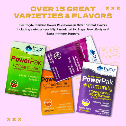 Trace Minerals Power Pak Electrolyte + Immunity Boost Drink Packets - 30 Packets with 1200 mg Vitamin C, Elderberry,