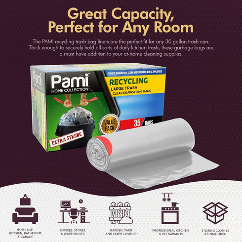 PAMI 13-Gallon Kitchen Drawstring Trash Bags, Extra-Strong Plastic Garbage Bags, Clear 35 Pack, Unscented