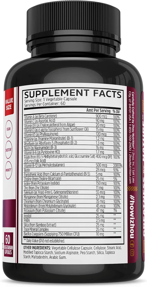 Zhou Nutrition Daily Boost Multivitamin with Probiotic, Zinc, Vitamin C, D3, B Complex for Immune Support, Energy and Digestive Health | Vegan, Gluten Free, Soy Free | 60 servings