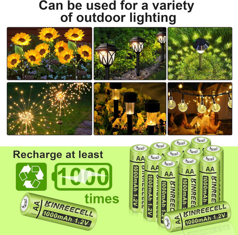 Rechargeable AA Batteries, High Capacity 1.2V Ni-MH Double A Solar Batteries for Outdoor Lights, 12 Pack (AA-1000mAh)