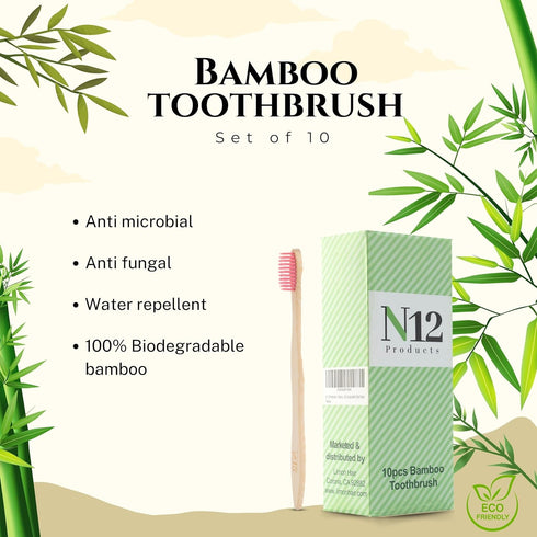 N12 Family-Friendly Pack of 10 Bamboo Toothbrushes, Multicolored BPA-Free Bristol, Eco-Friendly, Biodegradable Oral Care