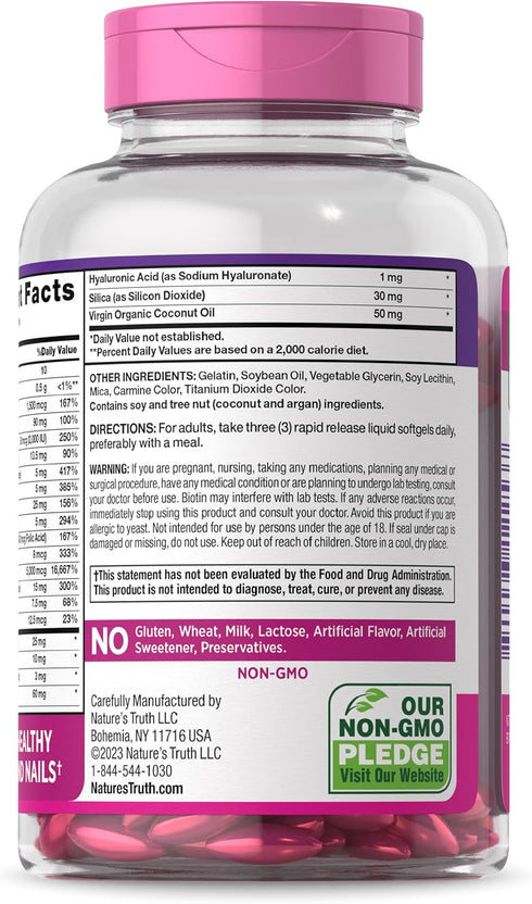Nature's Truth Hair, Skin & Nails Vitamins with Biotin | 5000mcg | 250 Softgels | Collagen and Coconut Oil Supplement