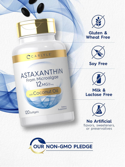 Carlyle Astaxanthin 12mg, 120 Softgels, Non-GMO & Gluten Free Supplement from Microalgae with Coconut Oil