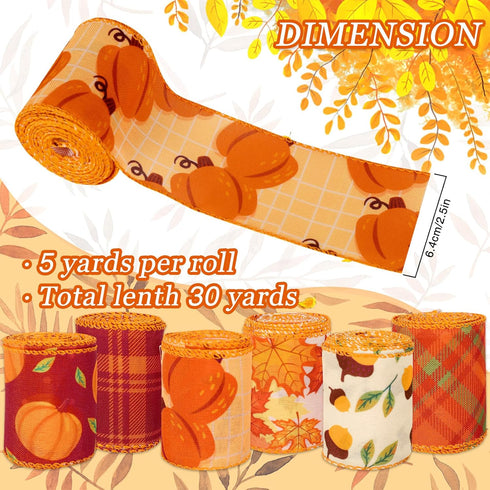 Whaline 6 Rolls 30 Yard Fall Thanksgiving Wired Edge Ribbon Autumn Plaid Pumpkin Maple Ribbon Thanksgiving Wrapping Ribbon Orange Autumn Harvest Decorative Craft Ribbon for Hair Bow Sewing Wreath Gift