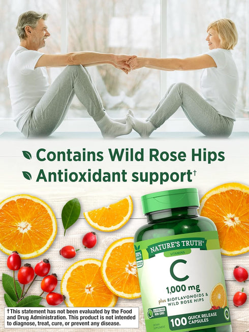 Nature's Truth Vitamin C 1000mg, 100 Capsules, with Wild Rose HIPS & Bioflavonoids, Non-GMO & Gluten Free