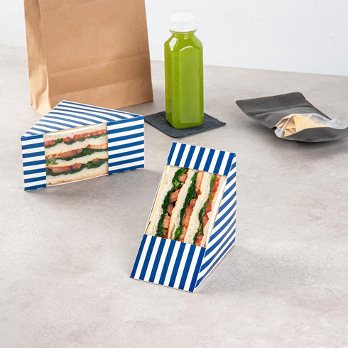 Restaurantware Cafe Vision Sandwich Paper Boxes - 25 Large Disposable Wedge Boxes with Window, Blue and White