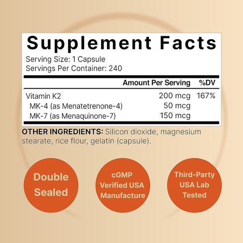 NatureBell Full Spectrum Vitamin K2 Supplement with MK-7 & MK-4, 200 mcg, 240 Capsules - Non-GMO K Vitamins Complex