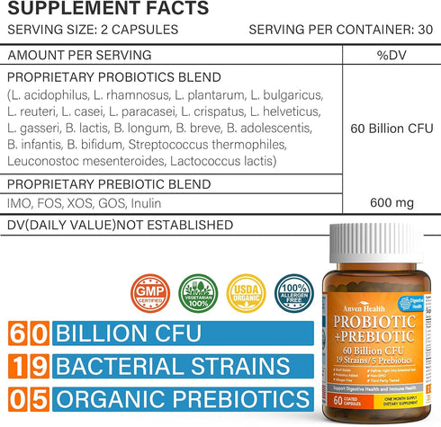 60 Billion Probiotics for Women and Men, 19 Strains, 5 Organic Prebiotics for Gut Digestive & Immune Health, Vegan