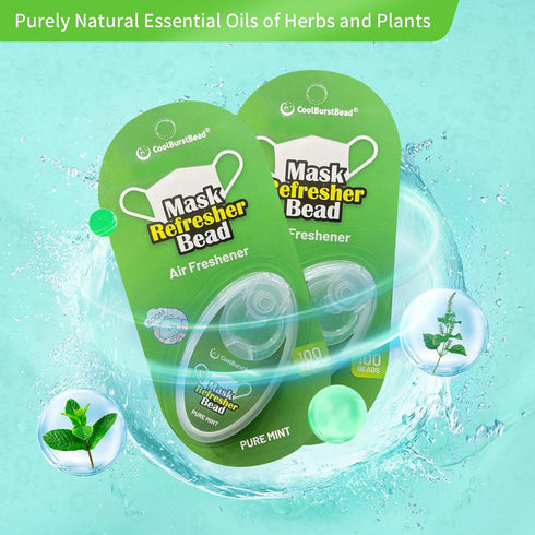 Face Mask Refresher with Natural Essential Oils, Long-Lasting Strong Fragrance, 100 beads/pack, Pack of 2, Pure Mint