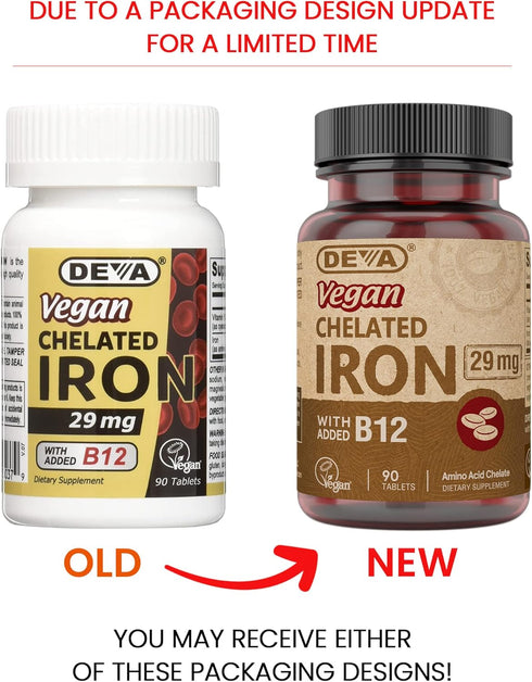 Deva Nutrition Vegan Chelated Iron 29 mg Fortified with B-12 - High Potency, Easy to Swallow - 90 Tablets, 1-Pack