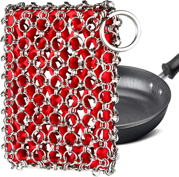 Cast Iron Scrubber, Chainmail Scrubber for Cast Iron Pan, Metal Sponge Cleaner for Skillet, Wok & Dutch Oven