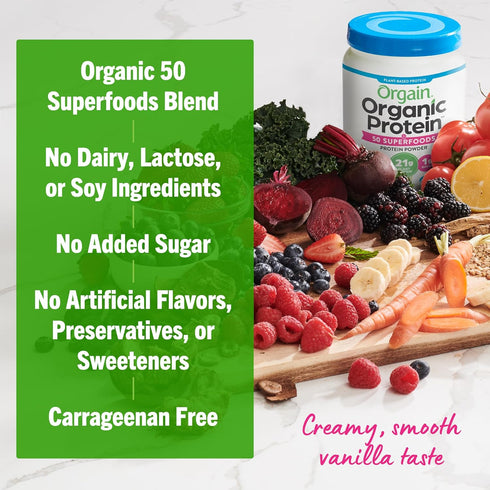 Orgain Organic Vegan Protein + 50 Superfoods Powder - Vanilla Bean, 21g Plant Based Protein, 1.12 lb (Packaging May