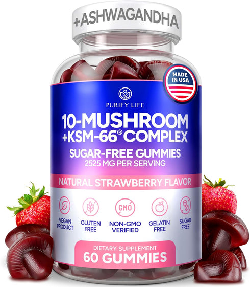 Sugar-Free Mushroom Gummies with KSM 66 Ashwagandha - Potent 10x Mushroom Supplement