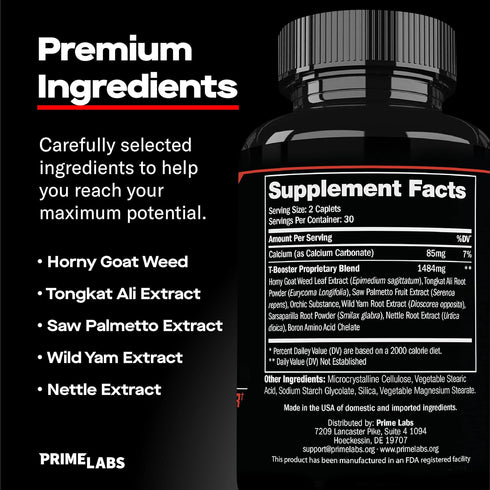 Prime Labs Men's Testosterone Booster, 2 Pack, Stamina, Endurance, & Strength Booster, 120 Caplets