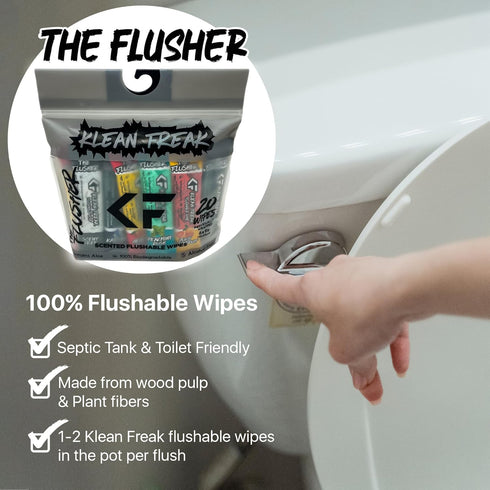 THE KLEAN FREAK FLUSHER - Flushable Wipes For Adults & Kids - 100% BIODEGRADABLE Individual Wrapped Travel WET Wipe
