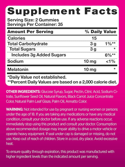 PINK Melatonin Gummies | 10mg | Max Potency | Vegan, Non-GMO & Gluten Free | 70 Count | Mixed Berry Flavor