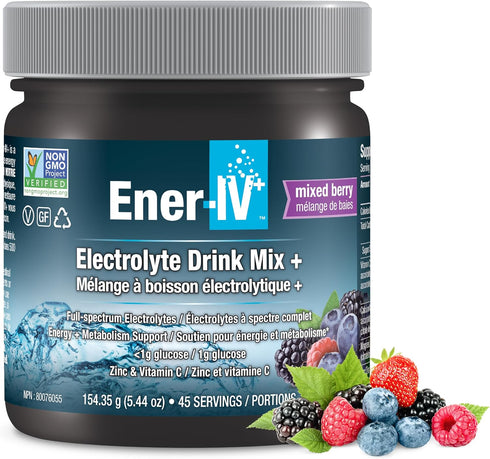 Ener-IV Electrolyte Hydration & Energy Drink Mix, Low Sugar Non-GMO, Mixed Berry Powder for Muscle Recovery - 45