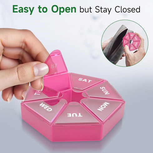Weekly Pill Organizer 2 Pack, Portable Pill Box Medicine Case, 6 Colors, New Edition for Vitamins, Arthritis Friendly