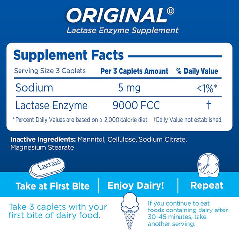 Lactaid Original Strength Lactose Intolerance Caplets, 9000 FCC Lactase Enzyme, 120 Count