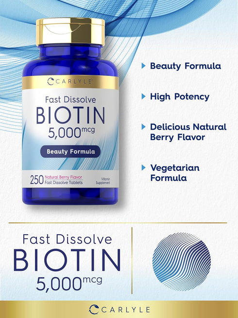 Carlyle Biotin 5000mcg, 250 Fast Dissolve Tablets, Vegetarian, Non-GMO, Gluten Free Supplement