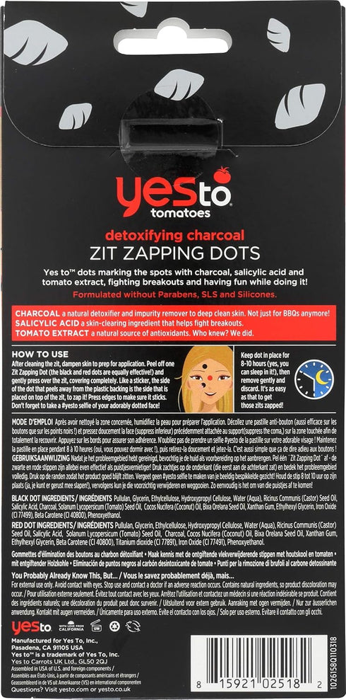 Yes To Tomatoes Detoxifying Charcoal Zit Zapping Dots, 24 Paraben & Cruelty-Free Pimple Patches for Blemish Skin