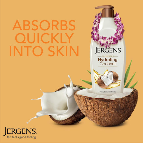 Jergens Hydrating Coconut Body Lotion, 16.8 oz, Hand and Body Moisturizer, Infused with Coconut Oil, Dermatologist