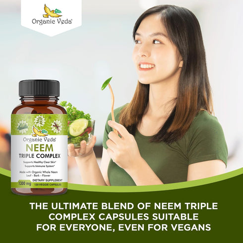 Organic Veda Neem Capsules, Triple Complex Neem Leaf Extract, 120 Count Herbal Supplement for Immunity & Skin Health