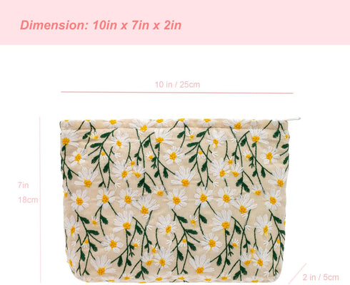 PAZIMIIK Makeup Bags for Purse - Large Zipper Cosmetic Pouch, Travel Canvas Organizer Tool for Women and Girls (Daisy