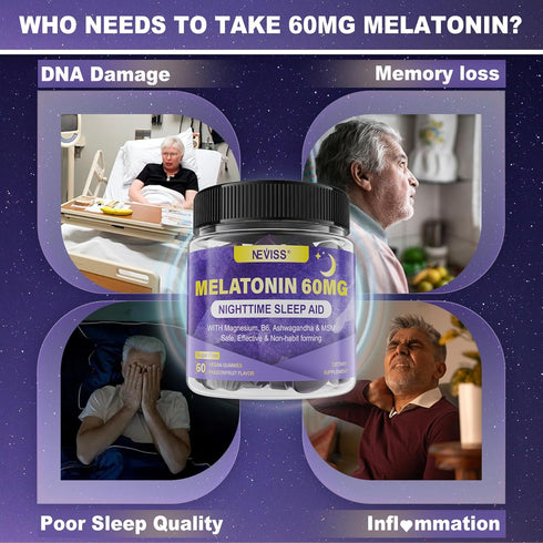 Antioxidant & Brain Support Melatonin 60mg for 50+ Adults - Extra Strength Gummies with B6, Ashwagandha, Magnesium
