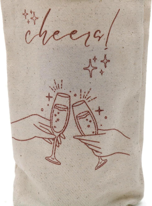 WN27 Jacob Bicerri Reusable Canvas Wine Gift Bag with Rope Handle - Cheers Printed Bottle Tote for Parties, Weddings
