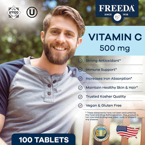 FREEDA Vitamin C - Vegan Vitamin C 500mg - Kosher - Powerful Antioxidant Immune Support - Easy to Swallow Vitamins C Tablets as Ascorbic Acid - Pure Vitamin C 500 mg - Vit C Supplement (100 Count)