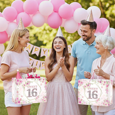 Yoirrat 16 3 16th Sweet Gift Bag with Wrapping Tissue Paper & Greeting Card Large Pink Rose Gold Floral Happy Birthday