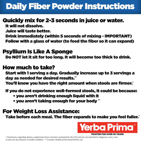 Yerba Prima Daily Fiber Formula, 20 oz Powder, Unflavored Dietary Bulking Supplement