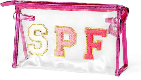 Preppy Patch SPF Clear Cosmetic Bag, Waterproof PVC Toiletry Bag for Beach Pool, Multi-Function Zippered Pouch
