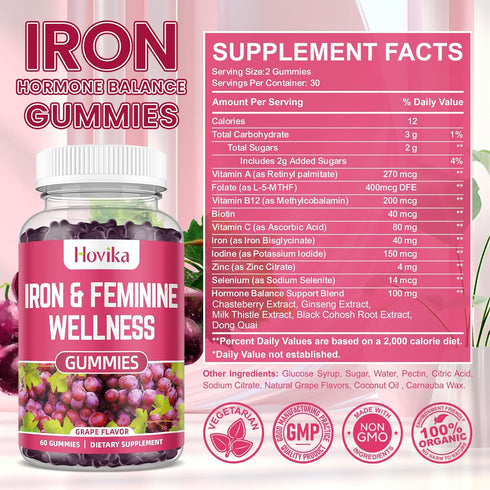 Iron & Hormone Balance for Women Gummies, 25mg Iron Supplement with Multivitamins, Natural Hormonal Support for PMS